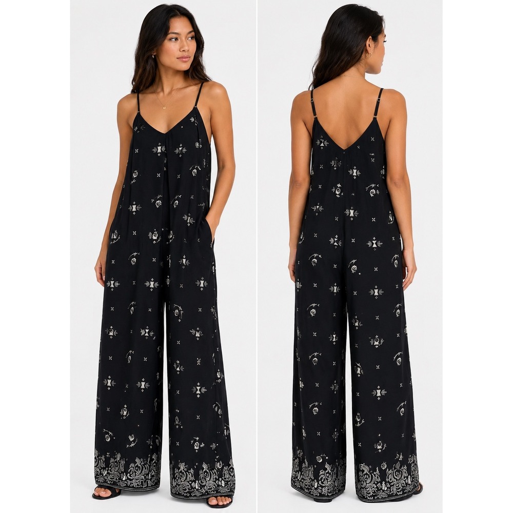Savage X Fenty Jumpsuit Women Large Black Bandana Print Wide Leg Loungewear Boho